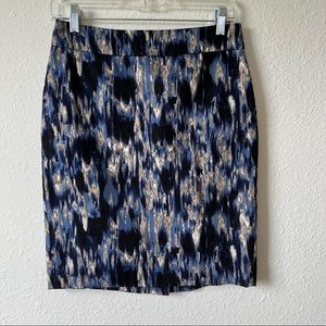 Ikat pattern black blue pencil skirt ANN TAYLOR 2P abstract tapestry pattern